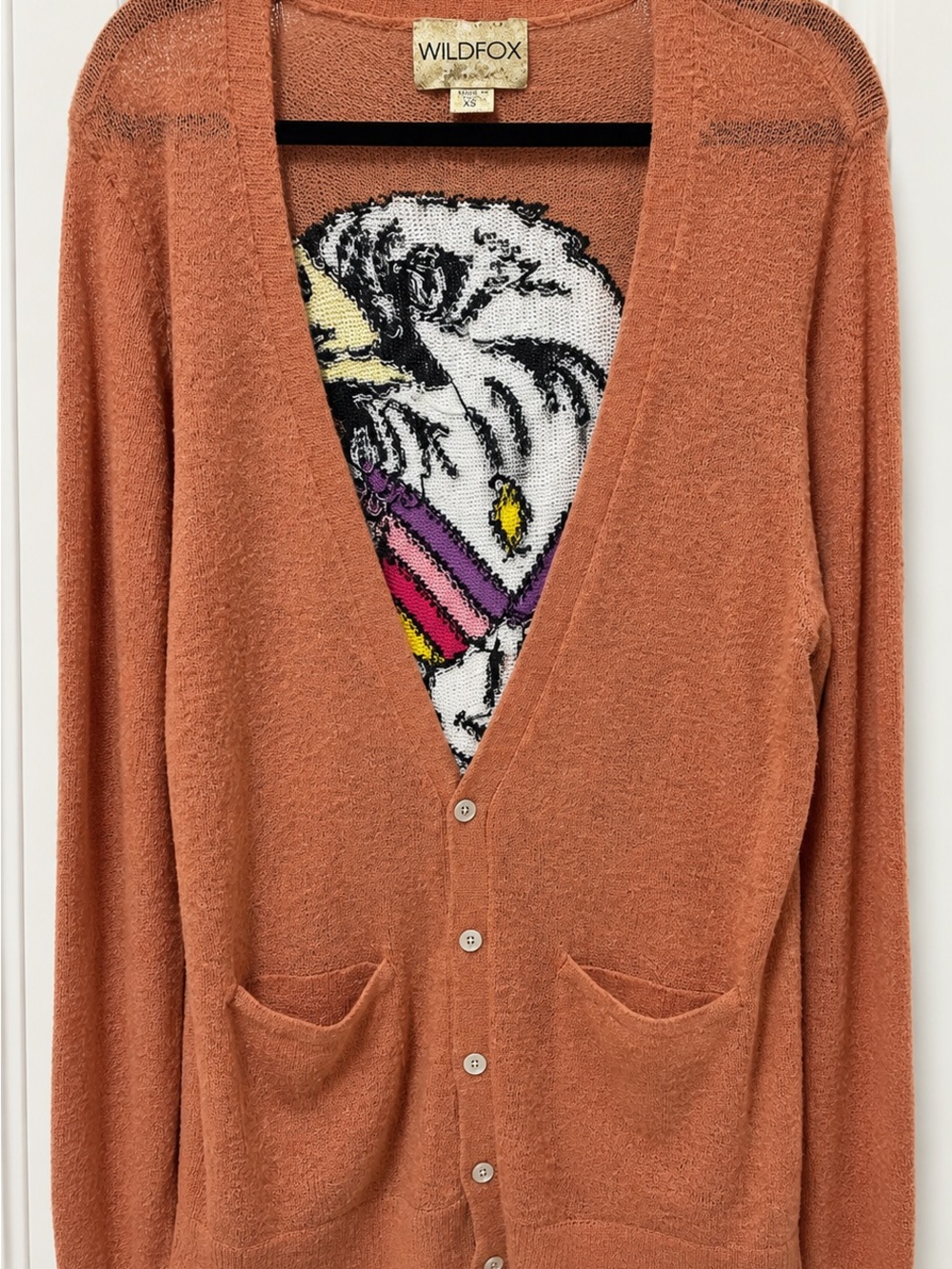 Wildfox Rust Orange Deep V-Neck Button Long Tissue Cardigan.